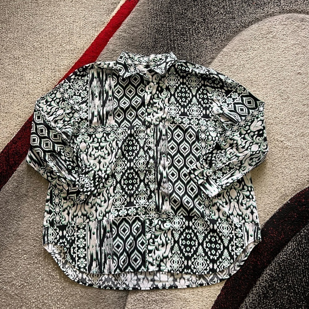 Foxcroft Black Green Ikat Print Non Iron Shirt
